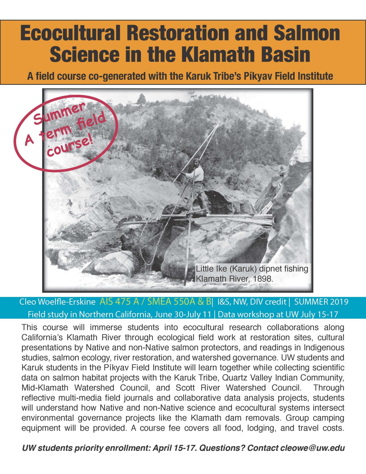 course flyer for Ecocultural Restoration and Salmon Science in the Klamath Basin