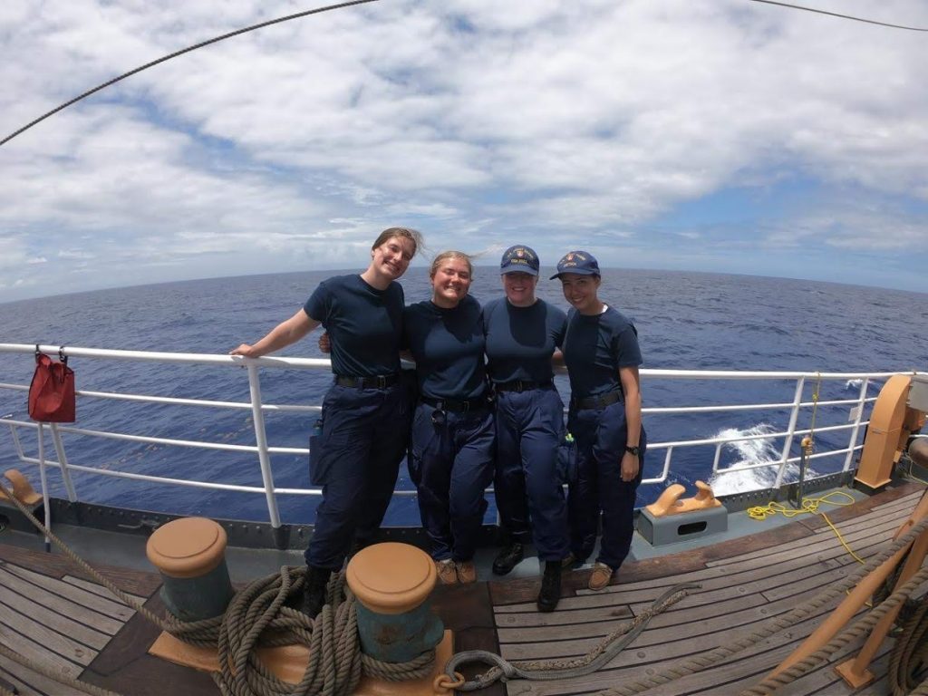 Irissa and some of her shipmates aboard the USCGC EAGLE while sailing across the Atlantic Ocean during her time at the US Coast Guard Academy. Irissa Danke