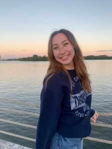 Emma Duckworth pictured with the sea behind her