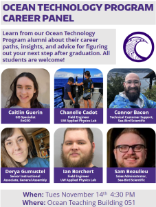 Ocean Tech Career Panel on Tues Nov 14 at 4:30pm in the Ocean Tech Center (OTB 051). Come learn from alumni about their current positions and their careers paths after graduation. All students are welcome. Hope to see you there! Pictures of Alumni