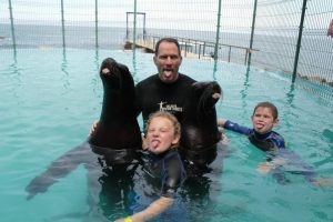 Two children and their father in a pool with a seal.