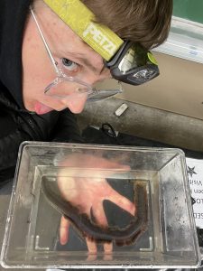 Iida Jaervinen poses next to a sea slug