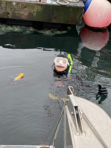 Baylen in the water wearing snorkeling gear.