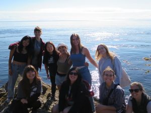 A group of people stand on a cliff edge with the sea behind.