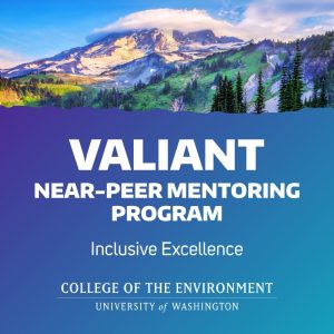 Graphic for the peer-mentoring Valiant Program, with a vivid drawing of a mountain scene.