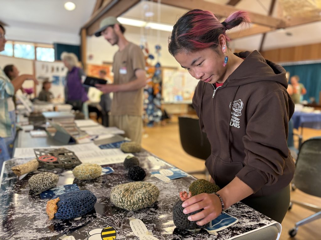 Maia Kreis examines different art exhibits on a table. In the background, other tables and exhibits can be seen with people perusing them.
