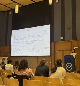 Hannah stands at a podium delivering a presentation from a large screen. People are seated in the foreground.