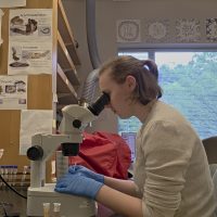 woman looking at microoscope