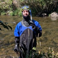 Dry suit snorkeling below a salmon hatchery in northeast Oregon during a survey for adult bull trout.