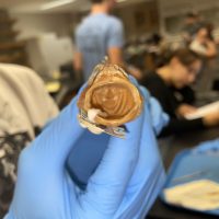 Fish with open mouth held by person with medical gloves