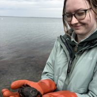 Spring Marine Studies at FHL went to Lummi Seapond to learn about European green crabs. I am holding a green crab in this photo.