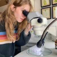 woman looking through microscope